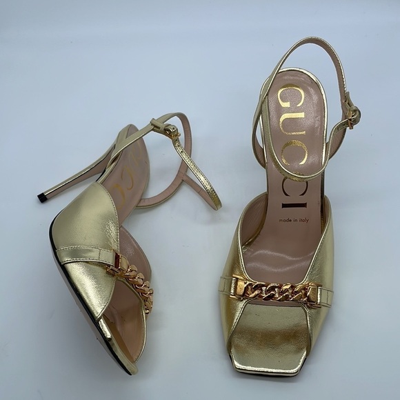 Gucci Gold Metallic Leather Chain link square toe strapy heels 37.5 - Picture 3 of 12